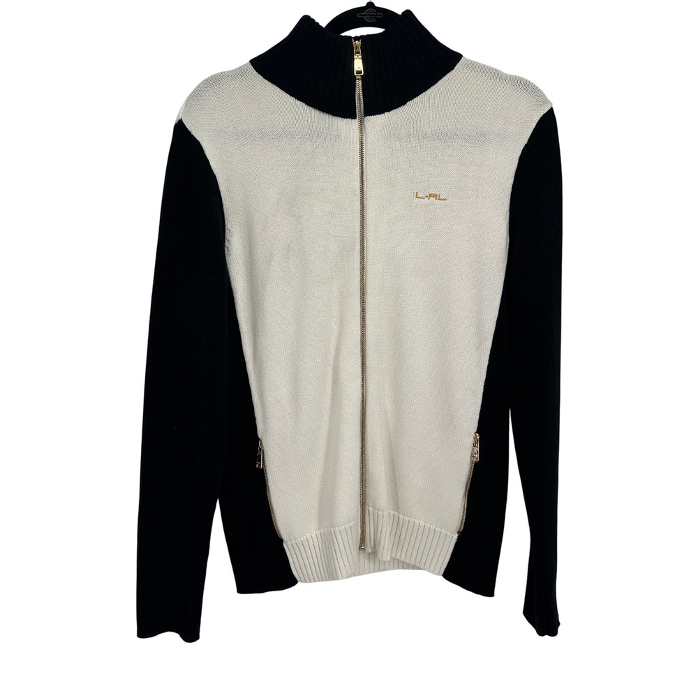 Lauren Ralph Lauren Womens Large Cardigan Sweater Full Zip Colorblock Cotton LRL